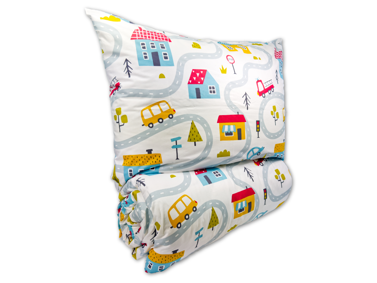 Bavlněné dětské povlečení do malé postýlky 90x135, 45x60 cm Městečko, zapínání: zipový uzávěr
