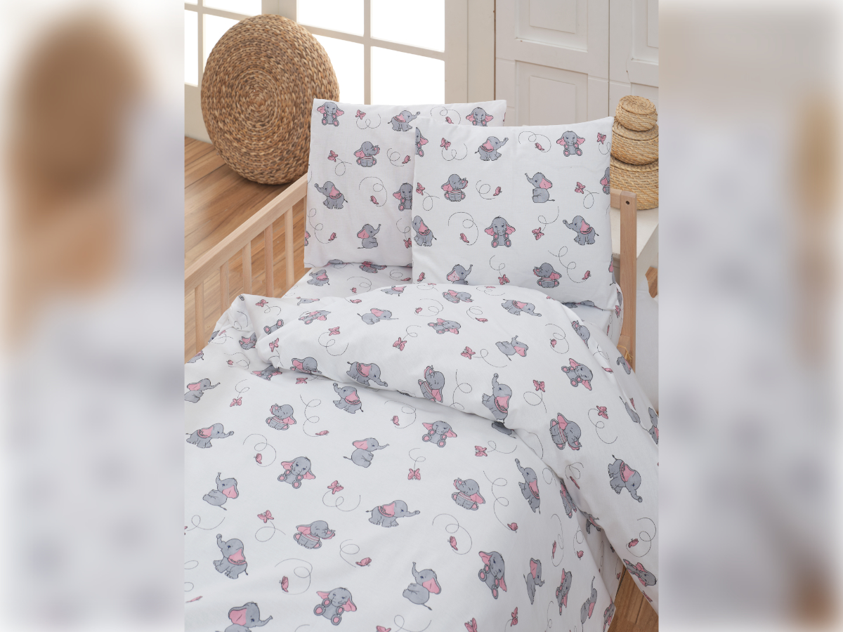 Krepové dětské povlečení do malé postýlky 90x135, 45x60 cm Slůně šedé, zapínání: zipový uzávěr