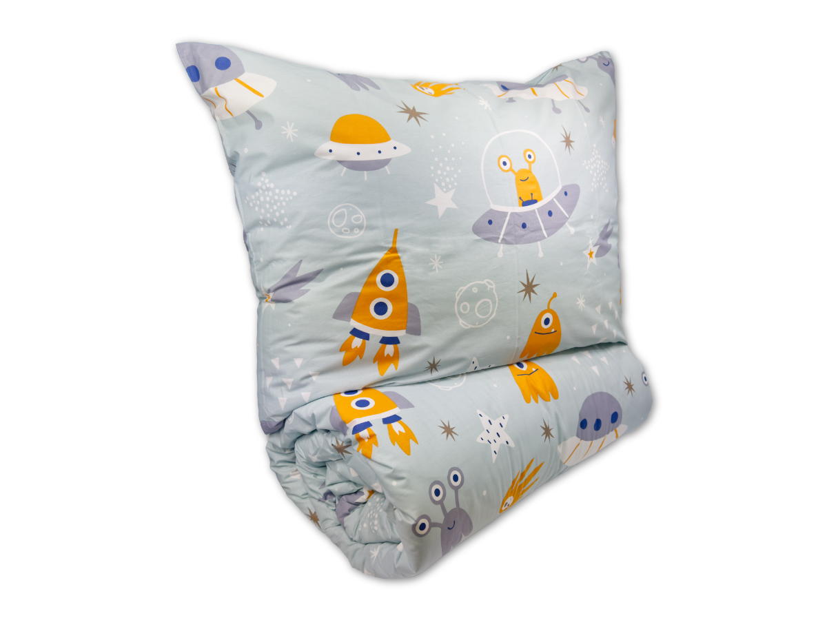 Krepové dětské povlečení do malé postýlky 90x135, 45x60 cm Vesmírné UFO, zapínání: zipový uzávěr