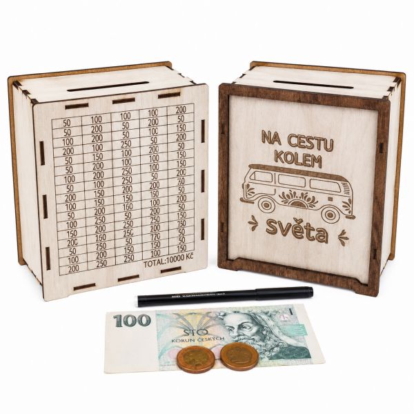 "Dřevěná pokladnička se škrtacím polem - ""Na cestu kolem světa"", 0/6"