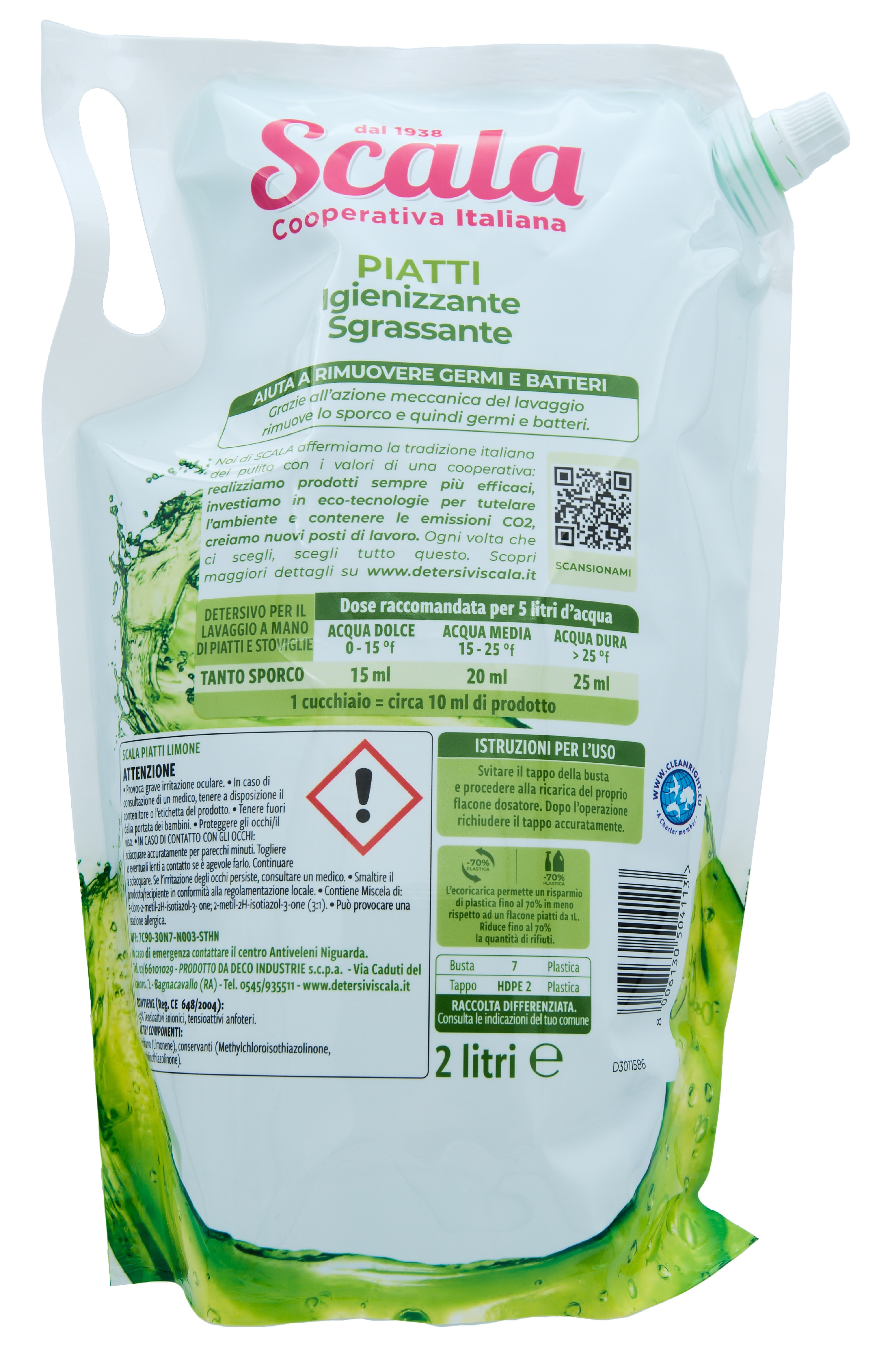 Prostředek na nádobí Scala Piatti Limone, náplň, s vůní citronu, 2 l