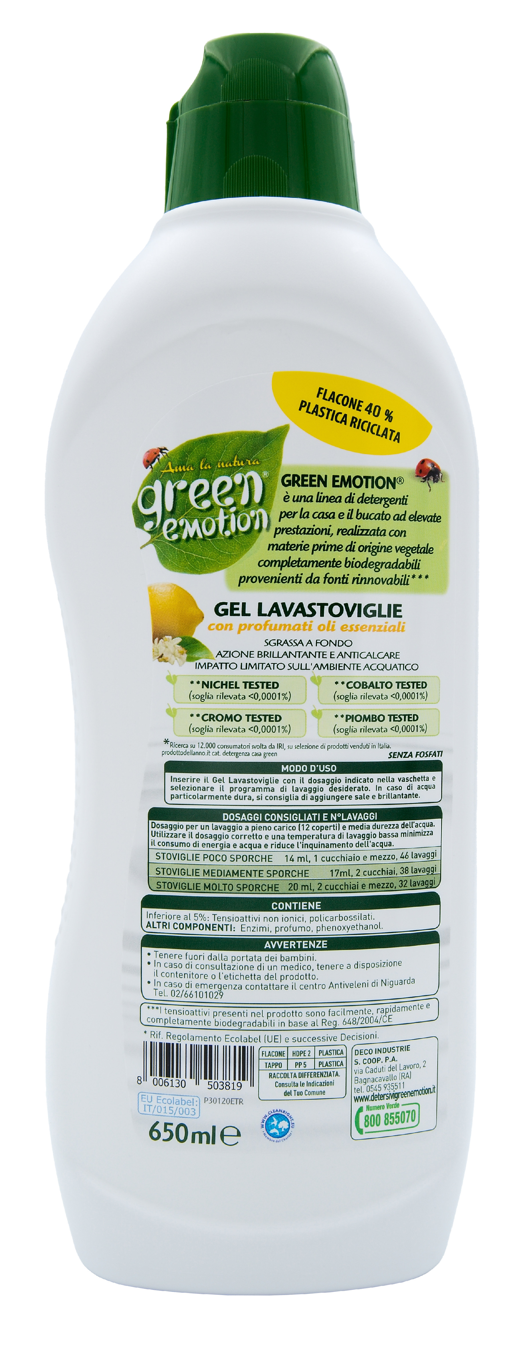 Hypoalergenní gel do myčky Green Emotion Gel Lavastoviglie, 650 ml