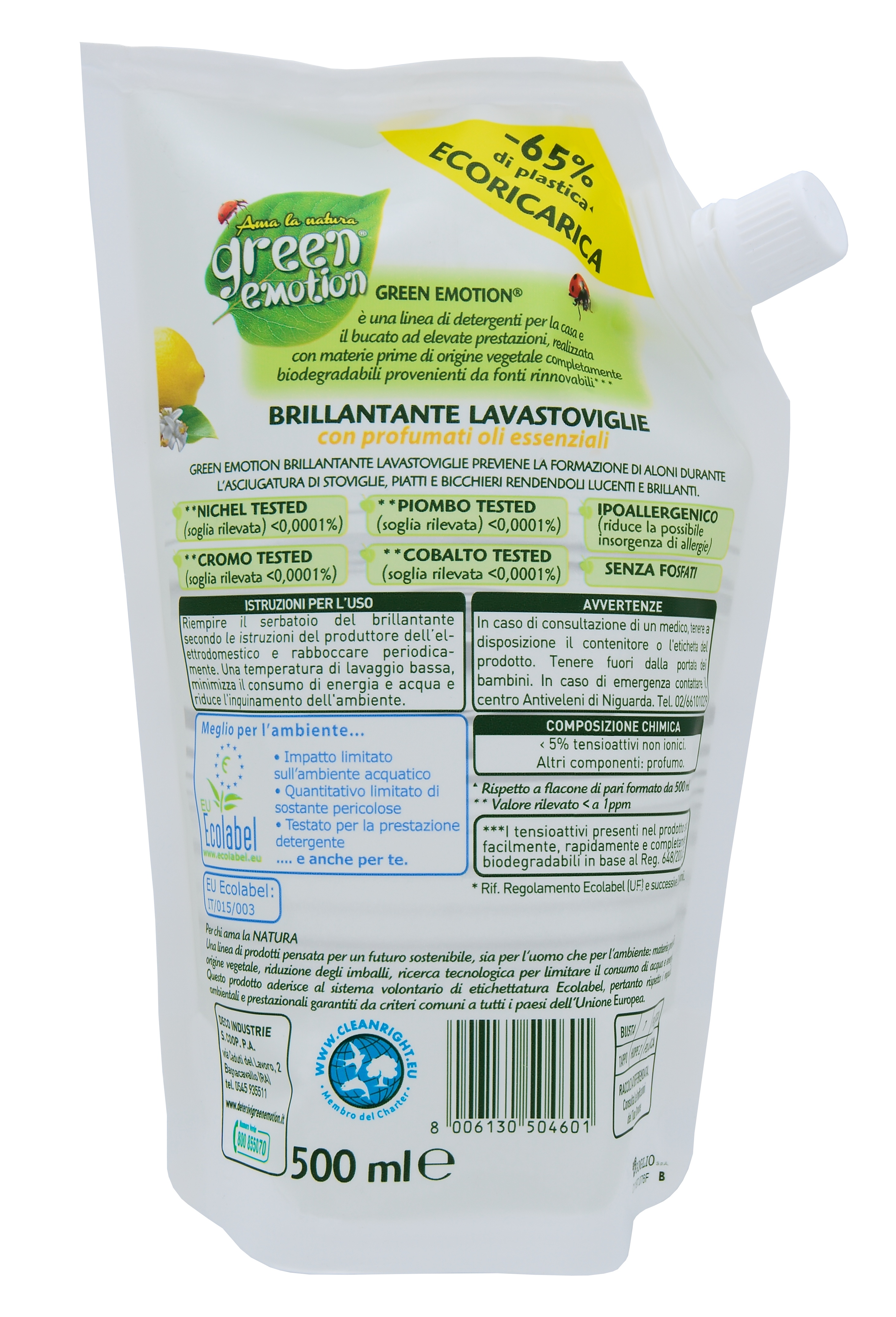 Hypoalergenní leštidlo do myčky Green Emotion Brillantante, náhradní náplň, 500 ml