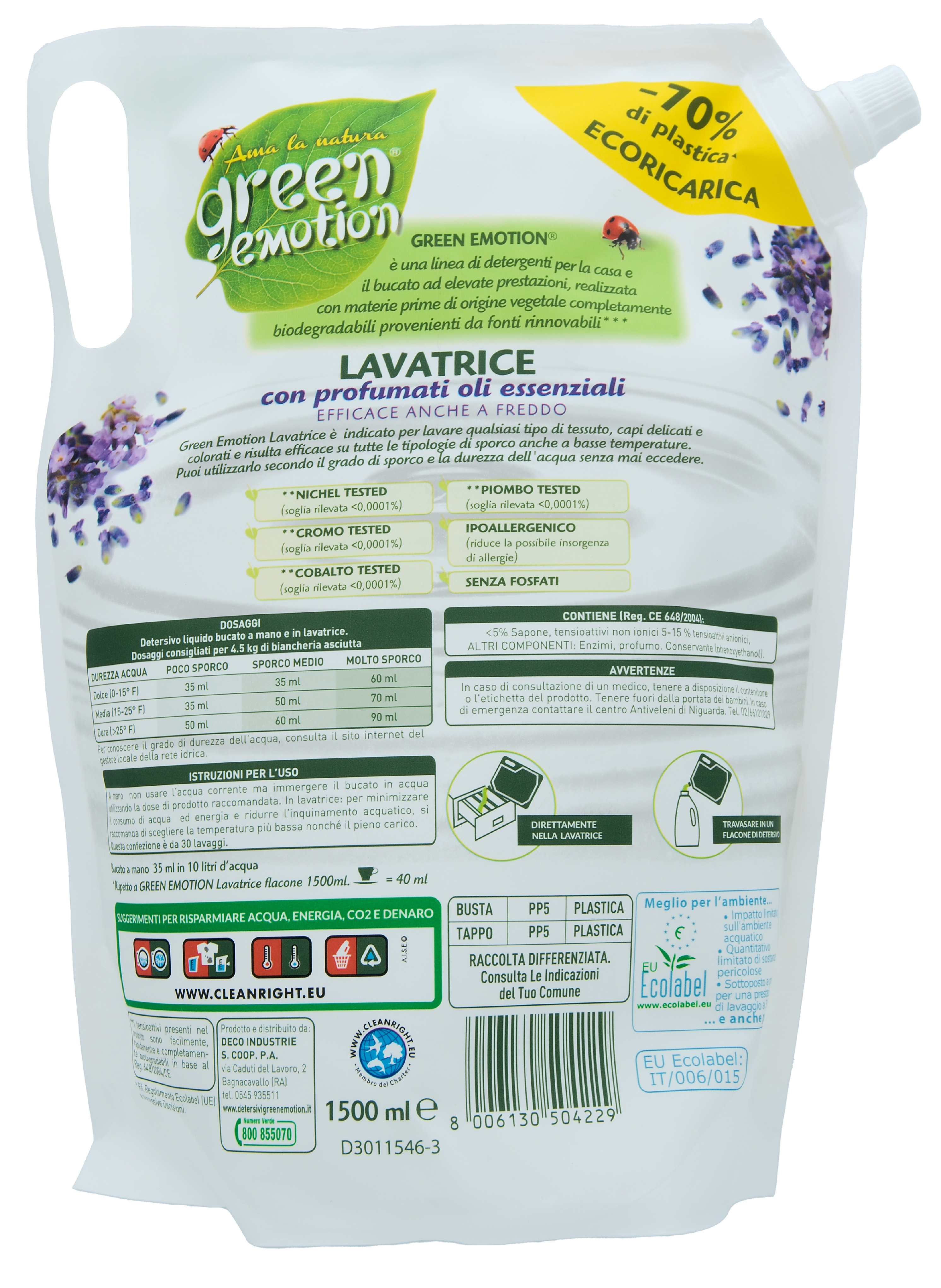 Hypoalergenní prací gel Green Emotion Lavatrice, náhradní náplň, 1,5 l (30 dávek)