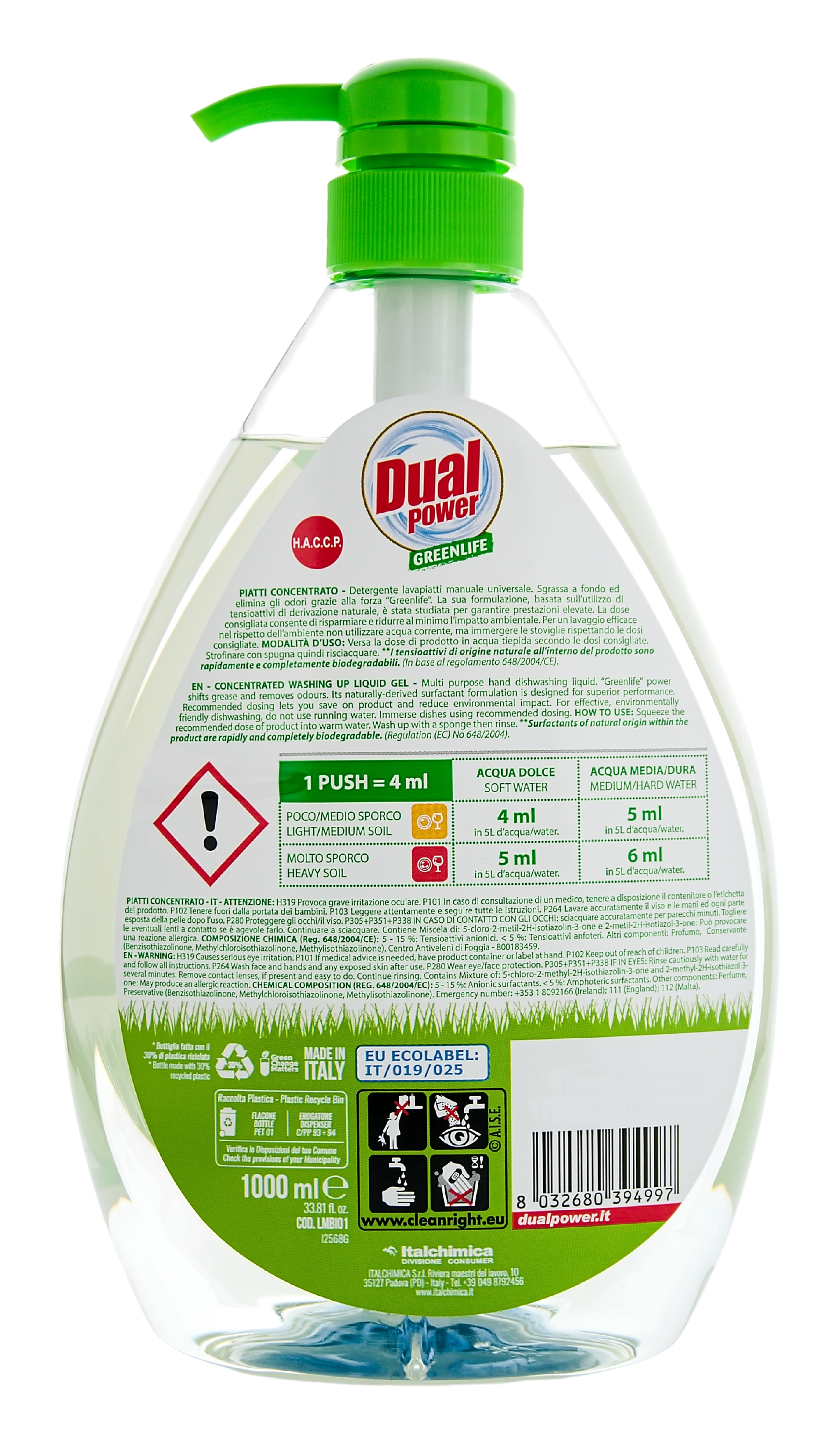 Prostředek na mytí nádobí Dual Power Greenlife Piatti Concentrato, koncentrovaný, 1 l