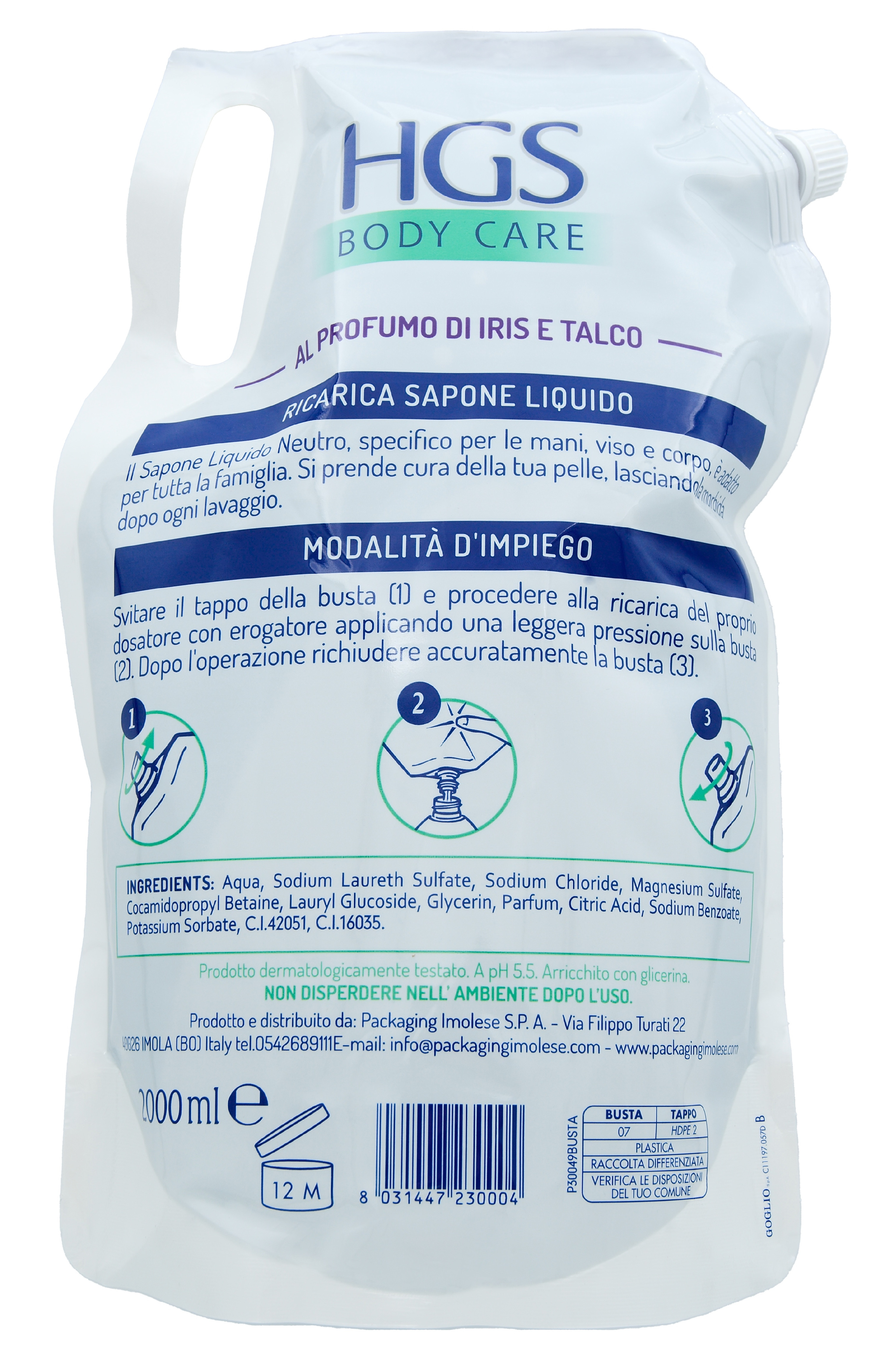 Tekuté mýdlo HGS Sapone Liquido Iris e Talco, s vůní kostace, 2 l